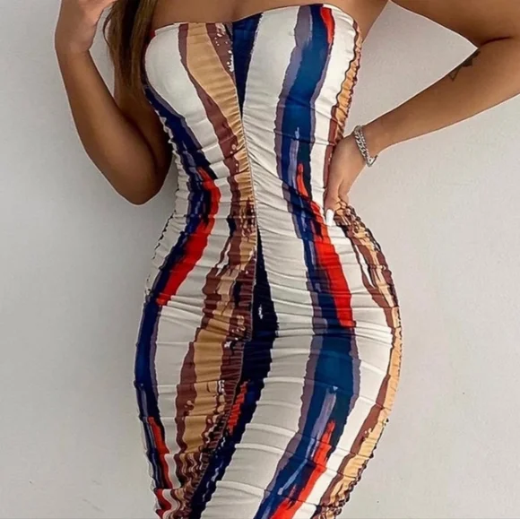 Rouged strapless red white and blue midi dress